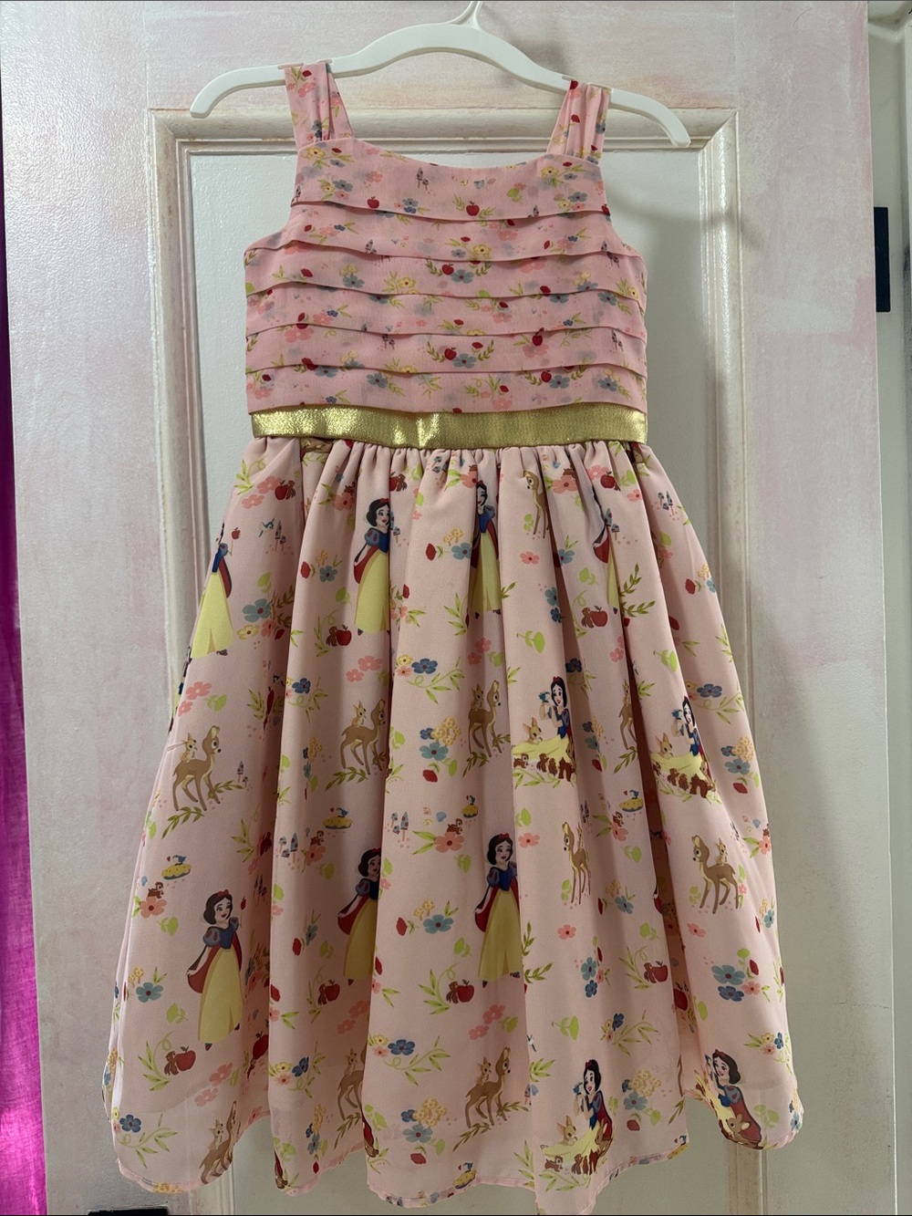 Disney Pink Snow White Print Party Dress with Gold Waistband